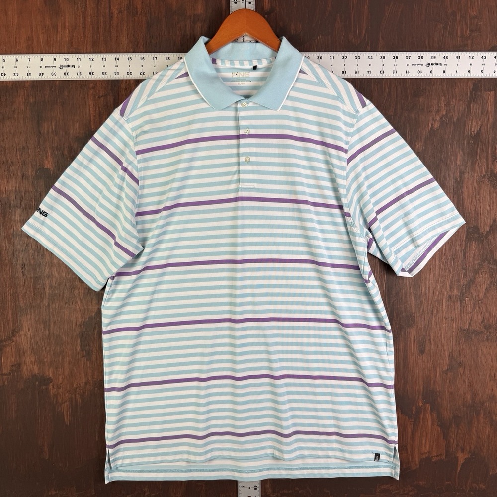 Ping Golf Performance Stretchy Striped Polo Shirt Blue Purple White Mens Size XL